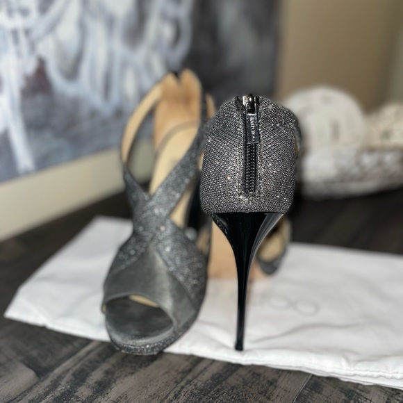 Jimmy Choo Anthracite Glitter & Leather Lame Crisscross Platform Sandals SZ 10 - Picture 4 of 9